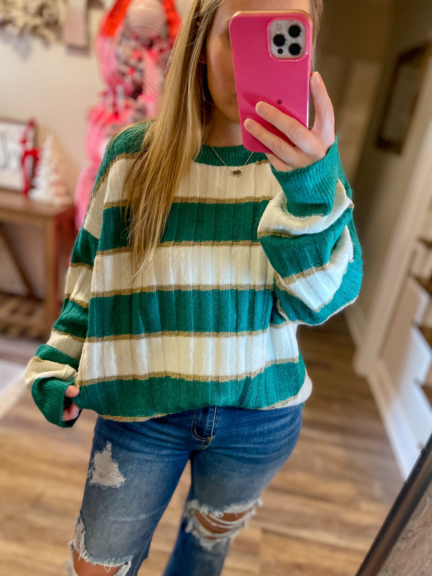 Green and Gold Striped Sweater