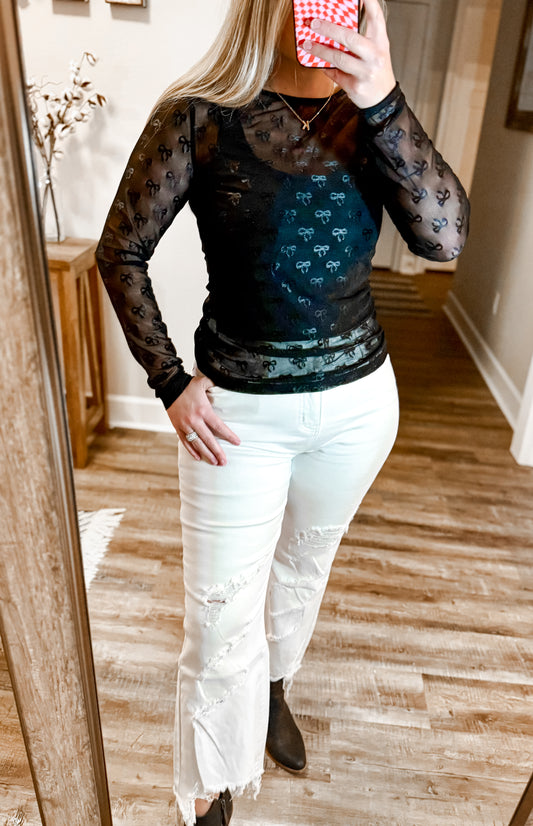 Black Bow Mesh Top