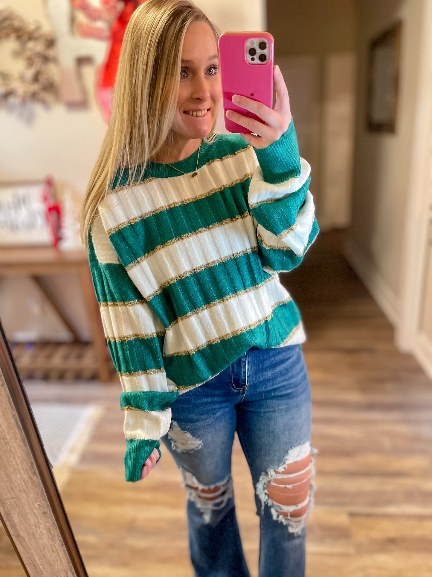 Green and Gold Striped Sweater