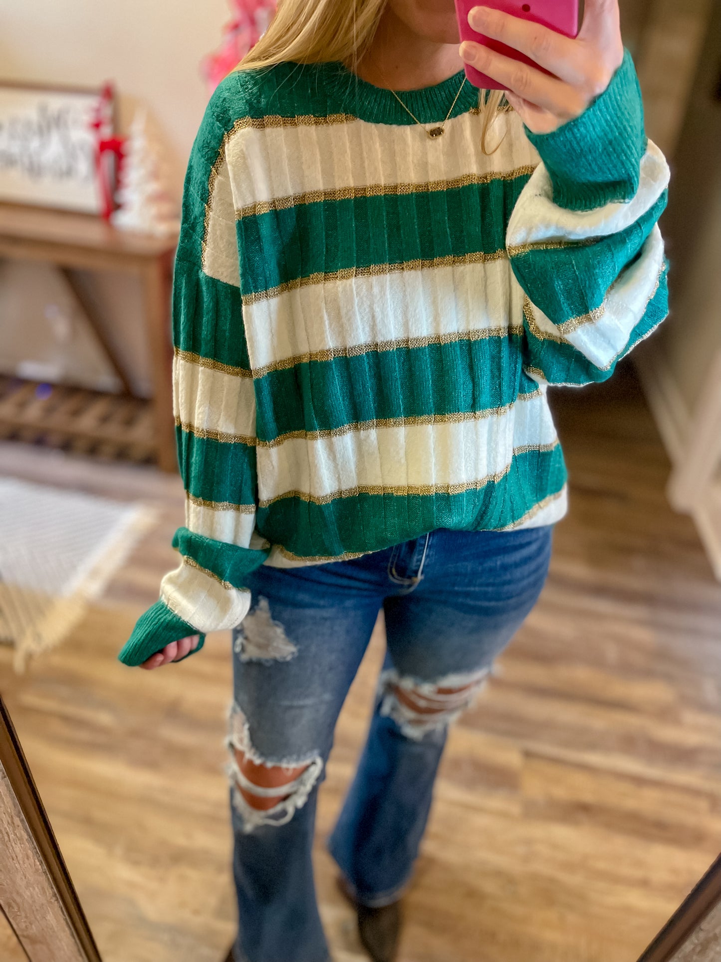 Green and Gold Striped Sweater