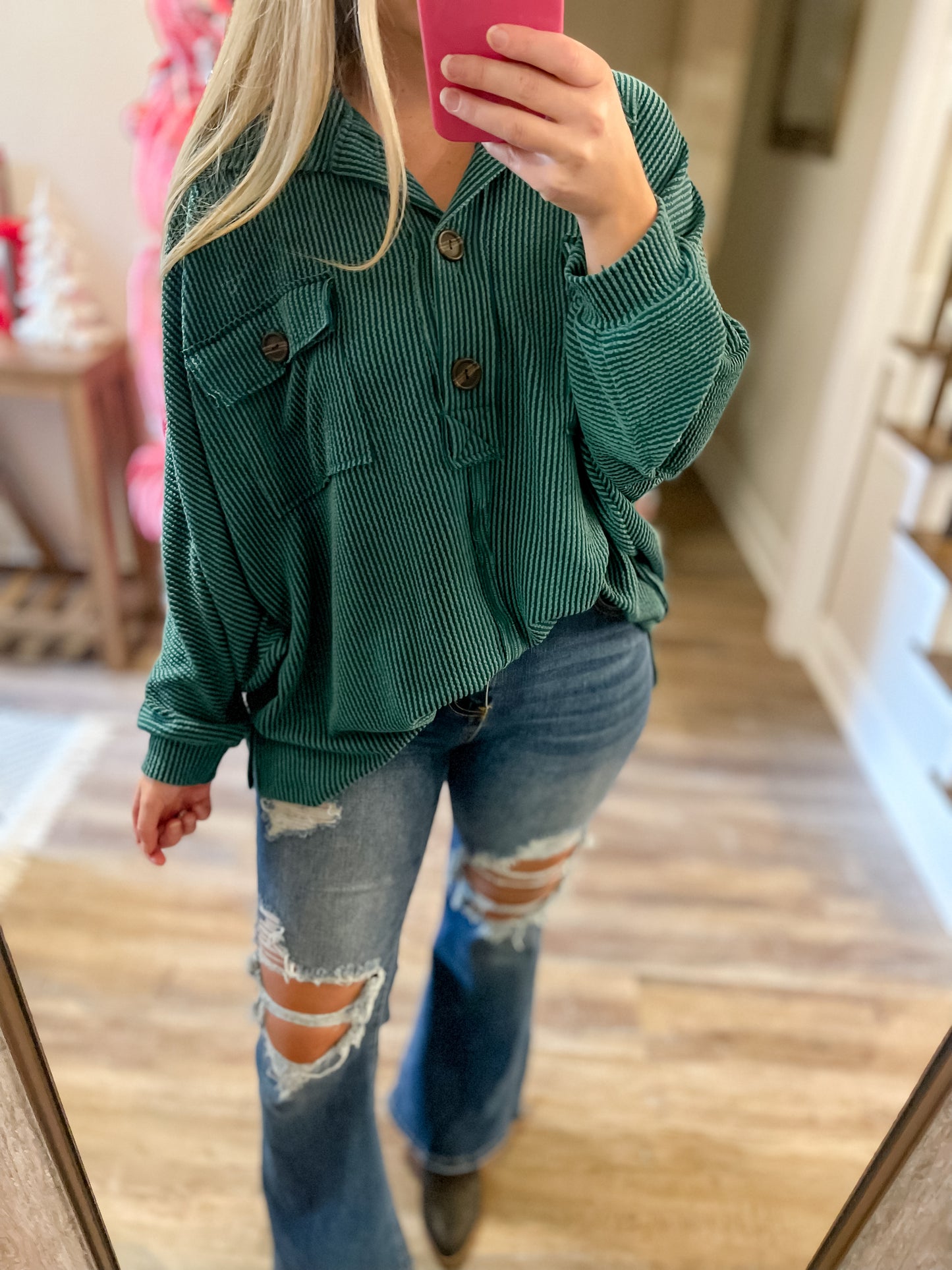 Hunter Green Ribbed Oversized Shirt